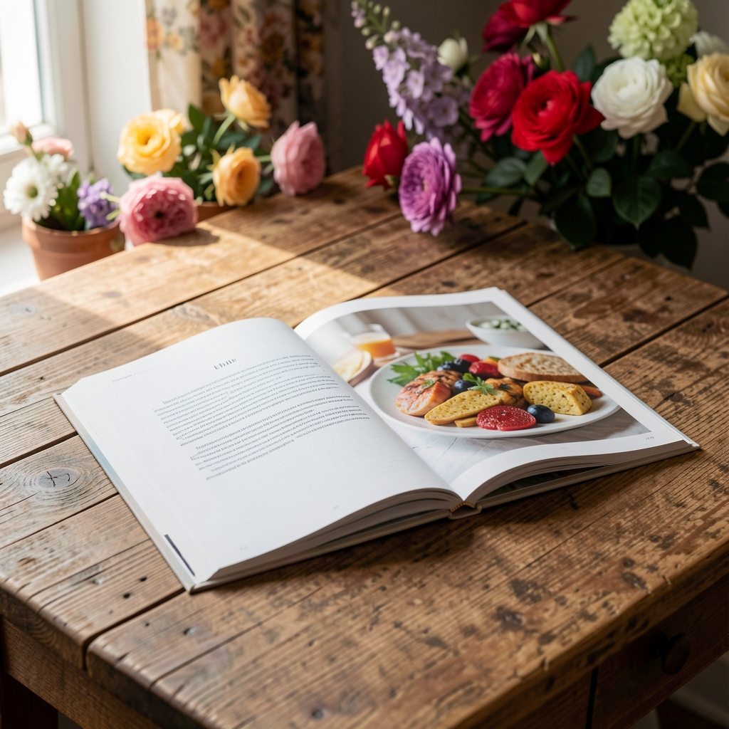 Отворени часопис о исхрани и нутриционологији на дрвеном столу са природним осветљењем, цветне текстуре у позадини, кинематографска атмосфера