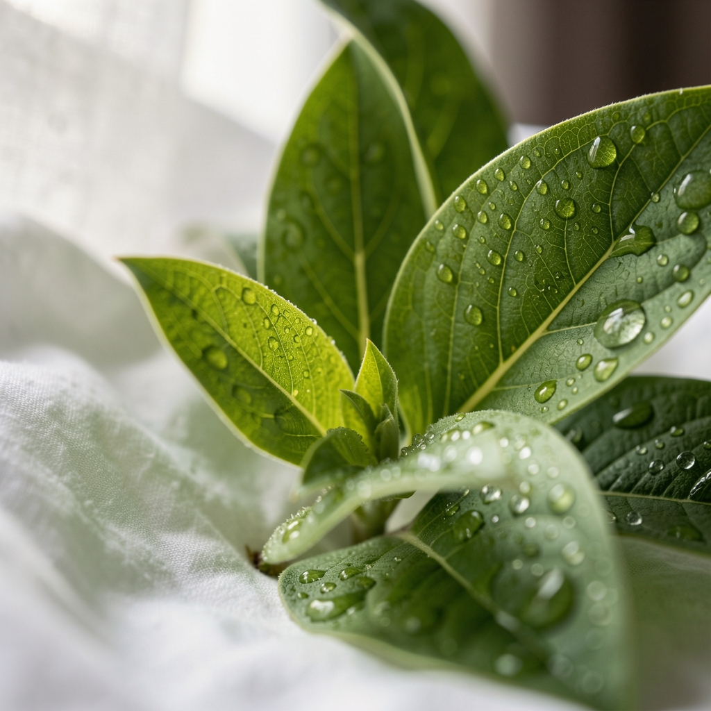 Макро фотографија зелених листова спанаћа и першуна са капљицама воде у природном светлу, текстура и детаљи биљке у апстрактном кадру