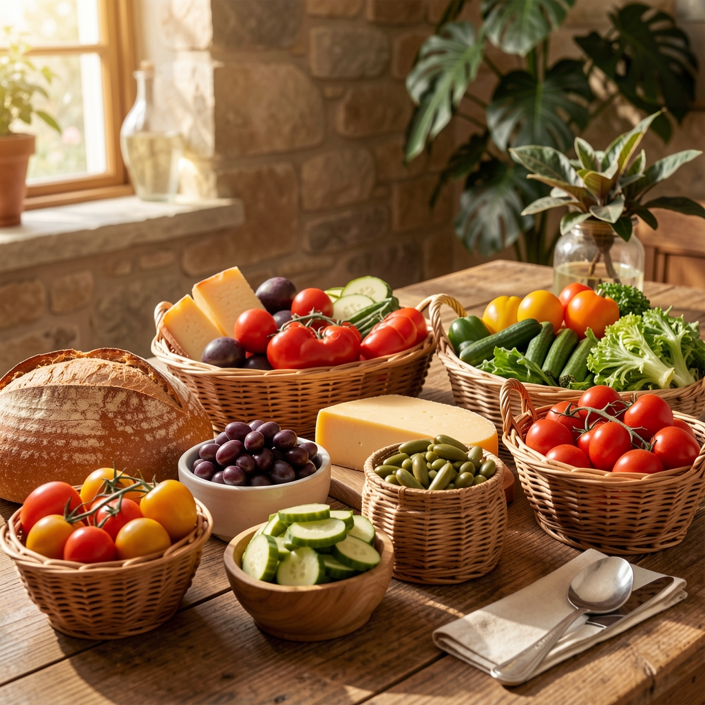 Сеоска трпеза са разним намирницама — хлеб, сир, маслине, поврће у плетеним корпама, топло природно осветљење, медитерански амбијент
