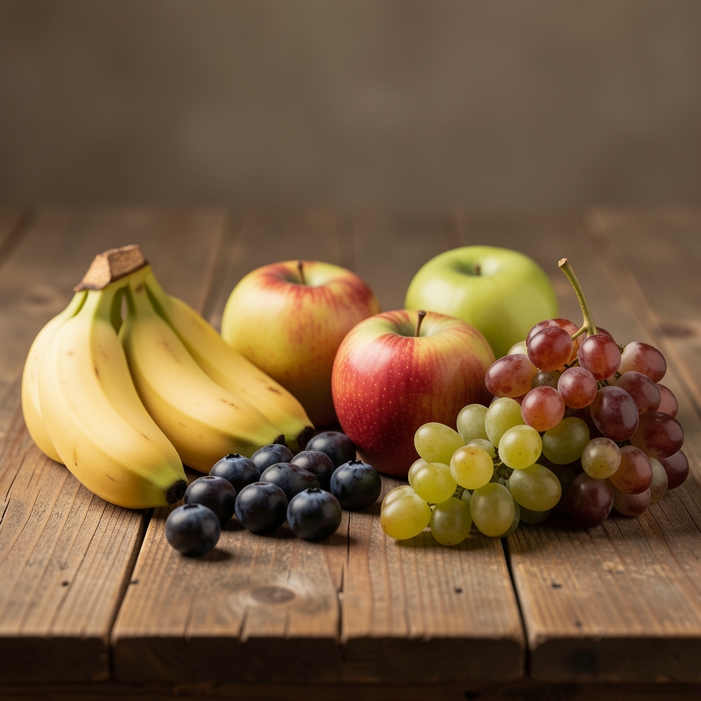 Jeсење воће на дрвеној трпези — дуње, шљиве, јабуке и грожђе у природним земљаним тоновима, кинематографска композиција у меком светлу