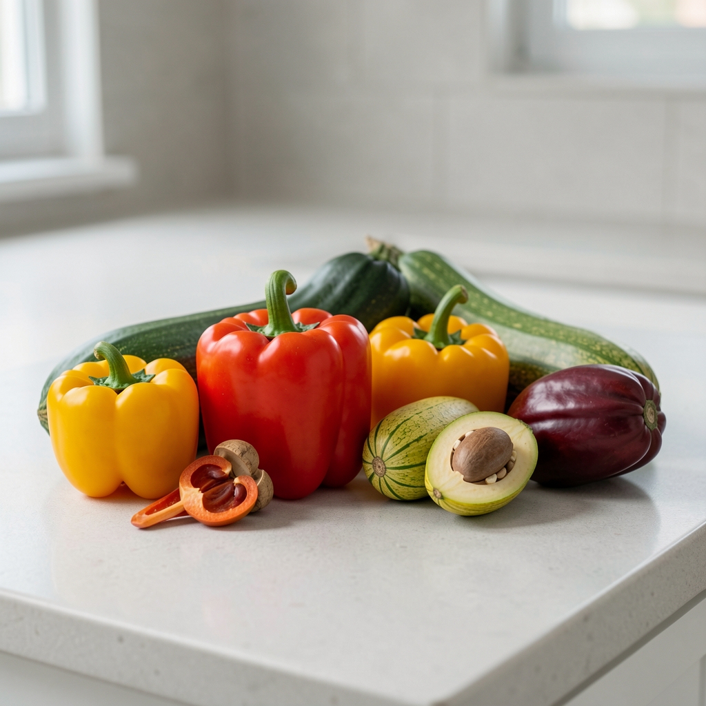 Блиски кадар на разнобојне паприке, тиквице и парадајз на светлосивом кухињском пулту у природном дневном светлу, без позадинских елемената